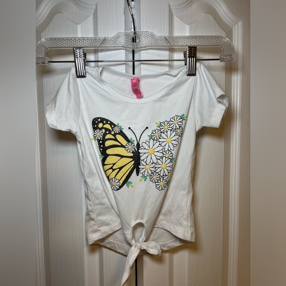 Girls 2Piece Butterfly & Daisy Outfit White Tie-Front Top with Yellow Shorts Set - Picture 1 of 6